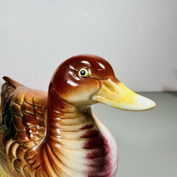 Mid-Century Japanese Ceramic Duck Figurine 6" x 9 brown green - Picture 3 of 10